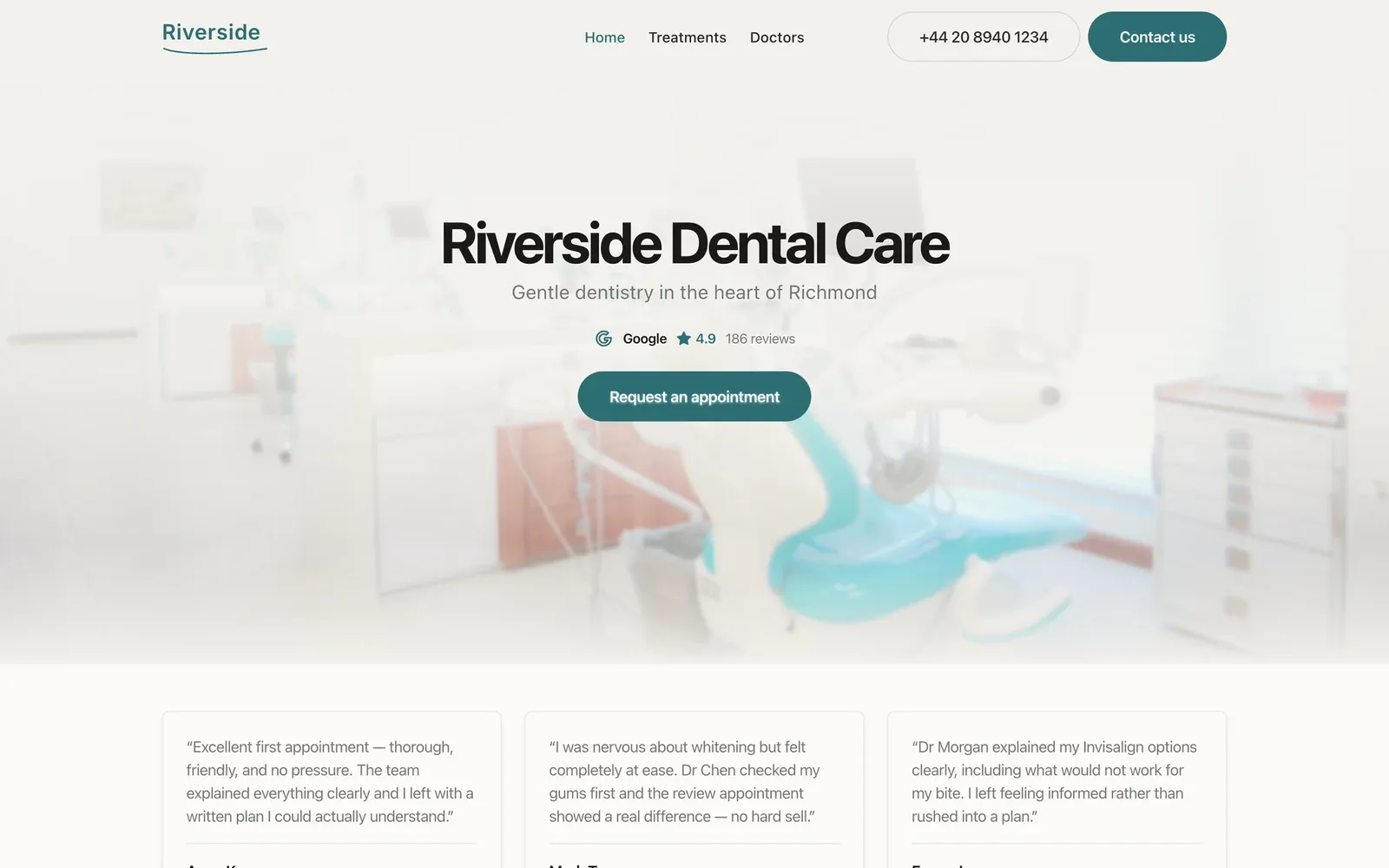 Homepage of the Riverside Dental Care demo website, showing a small navigation and a single primary action to request an appointment