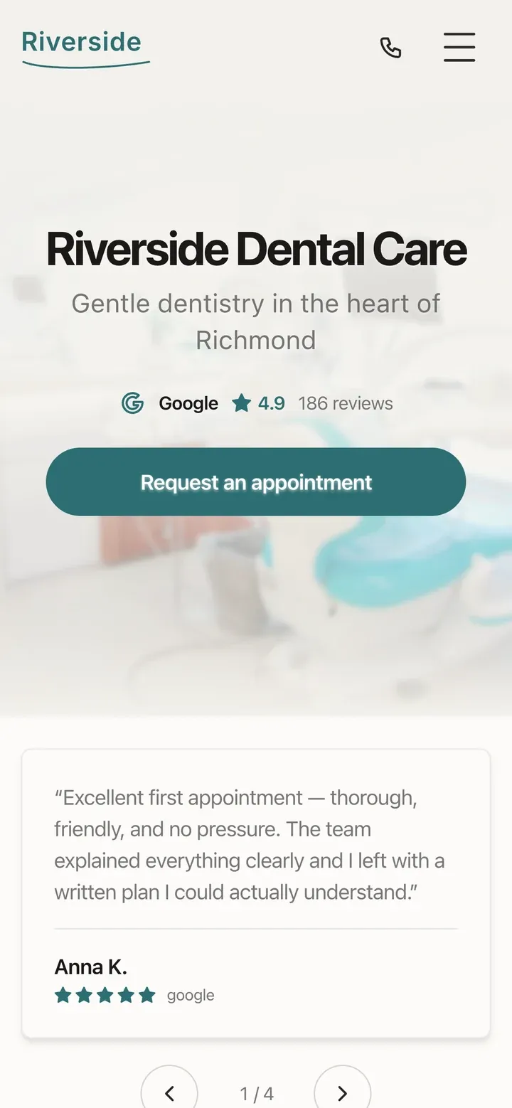 The same Riverside Dental Care homepage on a phone