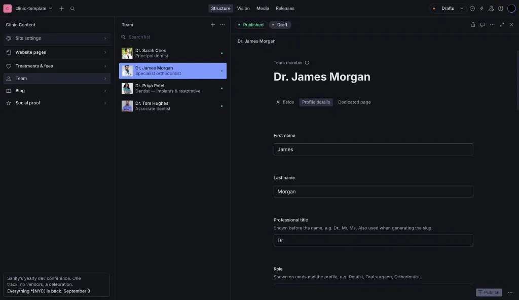 Clinic dashboard in dark mode, editing a dentist profile