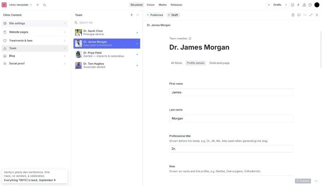 Clinic dashboard in light mode, editing a dentist profile